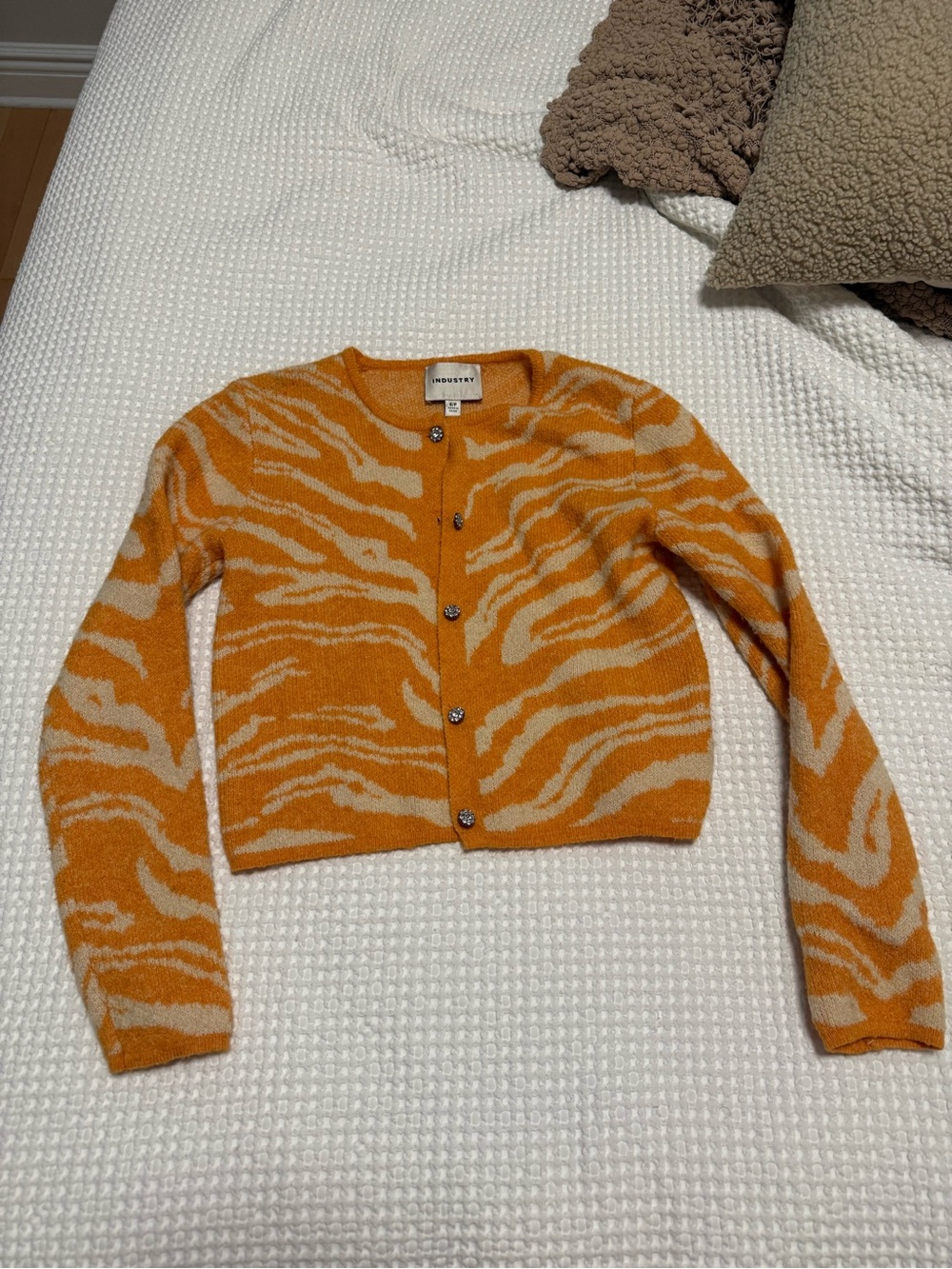 Cropped Orange and Cream Zebra-Print Button Cardigan